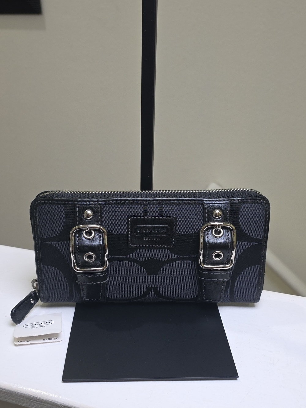 Coach F43393 Zoe Signature Double Buckle Zip Around Wallet NWT Black MSRP $198